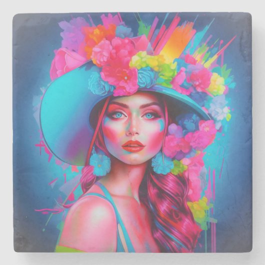 Neon Fantasy Floral Portret Stenen Onderzetter (Voorkant)