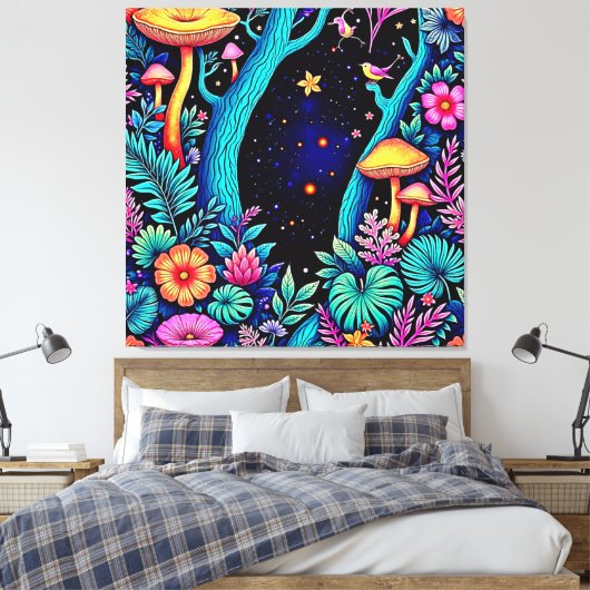 Neon Fantasy Forest Night Glow Design Canvas Afdruk (Insitu (Slaapkamer))