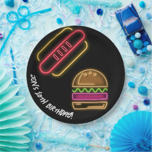 Neon Fast Food Monogram naam Vibrant Papieren Bordje