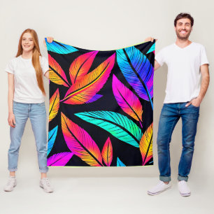 Neon Feather Pattern Vibrant Art Fleece Deken