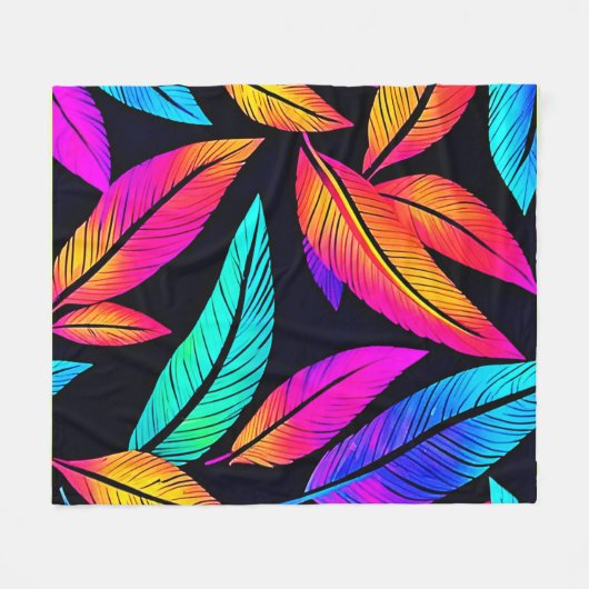 Neon Feather Pattern Vibrant Art Fleece Deken (Voorkant (Horizontaal))