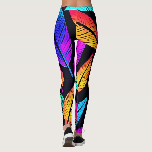 Neon Feather Pattern Vibrant Art Leggings (Achterkant)