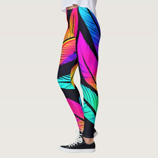 Neon Feather Pattern Vibrant Art Leggings (Links)