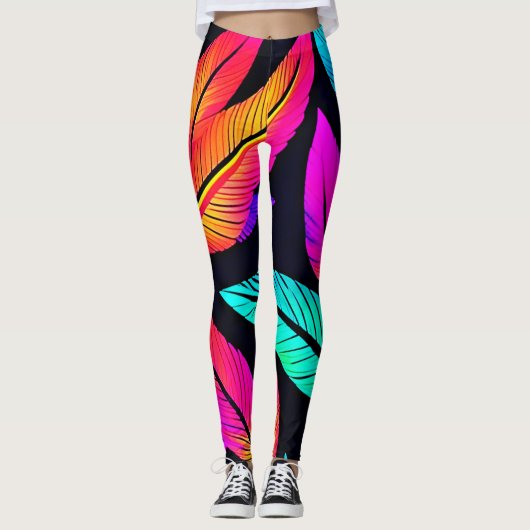 Neon Feather Pattern Vibrant Art Leggings (Voorkant)