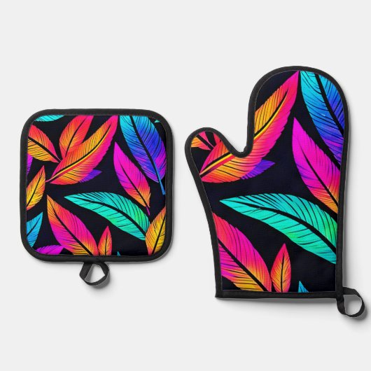 Neon Feather Pattern Vibrant Art Ovenwant & Pannenlap Set (Voorkant)
