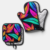 Neon Feather Pattern Vibrant Art Ovenwant & Pannenlap Set (Voorkant / Achterkant)