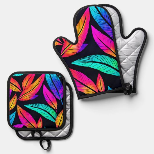 Neon Feather Pattern Vibrant Art Ovenwant & Pannenlap Set (Voorkant / Achterkant)