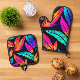 Neon Feather Pattern Vibrant Art Ovenwant & Pannenlap Set