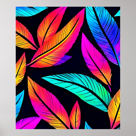 Neon Feather Pattern Vibrant Art Poster (Voorkant)