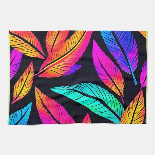 Neon Feather Pattern Vibrant Art Theedoek (Horizontaal)