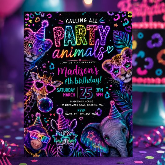 Neon Feest Dieren Verjaardag  Kaart