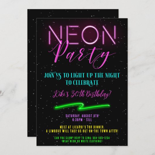 Neon Feest Uitnodigingen, Neon Uitnodigingen (Voorkant / Achterkant)