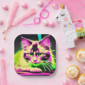 Neon Feline Fiesta: De Verjaardagsbash van een Tie Papieren Bordje (Feest)