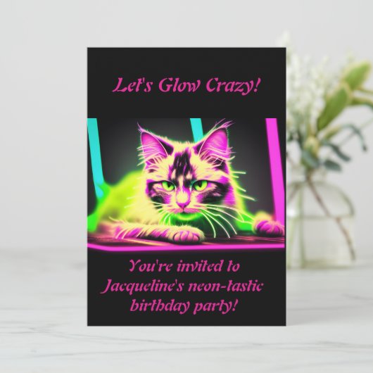 Neon Feline Fiesta: Tiener Meisje Verjaardag Colle Kaart (Staand voorkant)
