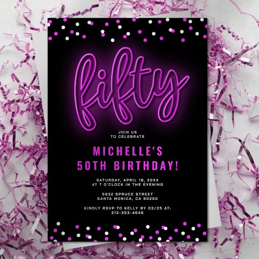 Neon Fifty Verjaardagsuitnodiging Kaart