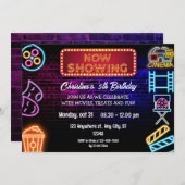 Neon Film Nacht Verjaardagsfeestuitnodiging Kaart (Voorkant / Achterkant)