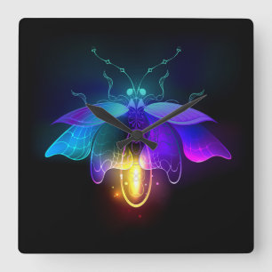 Neon Firefly op zwart Vierkante Klok