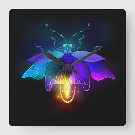 Neon Firefly op zwart Vierkante Klok (Voorkant)