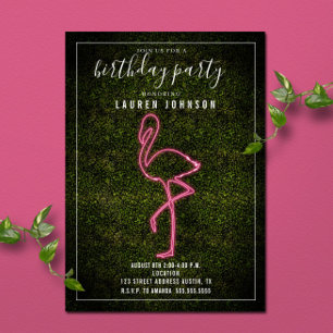 Neon Flamingo Boxwood Birthday Party Kaart