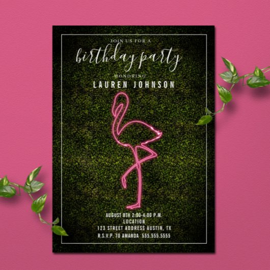 Neon Flamingo Boxwood Birthday Party Kaart