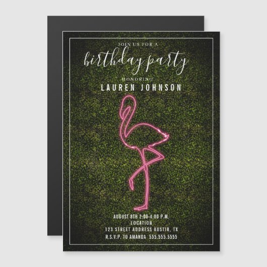 Neon Flamingo Boxwood Birthday Party Magnetische Uitnodiging (Voorkant / Achterkant)