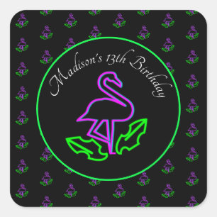 Neon Flamingo Glow Feest Tropisch Roze Favor Vierkante Sticker