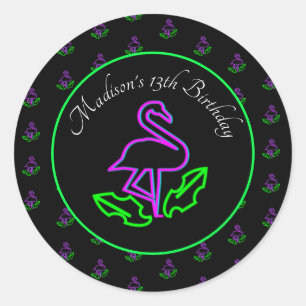 Neon Flamingo Glow Partij Tropisch Roze Favor Ronde Sticker