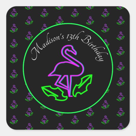 Neon Flamingo Glow Partij Tropisch Roze Favor Vierkante Sticker (Voorkant)
