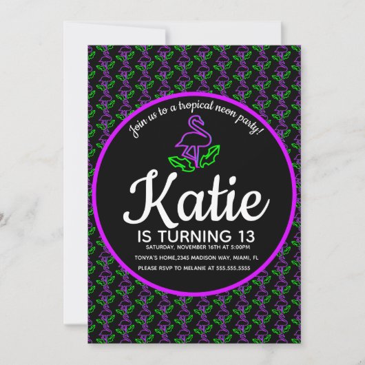 Neon Flamingo Glowfeest Tropisch Paars Kaart (Voorkant)