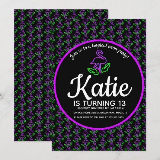 Neon Flamingo Glowfeest Tropisch Paars Kaart (Voorkant / Achterkant)