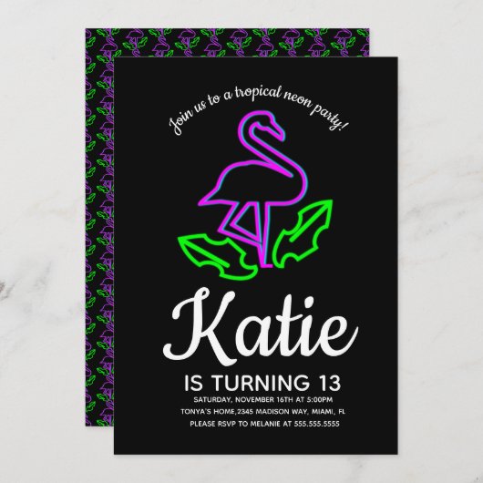 Neon Flamingo Glowfeest Tropische Tiener Kaart (Voorkant / Achterkant)