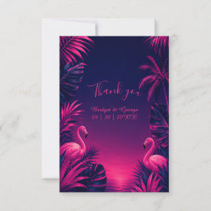 Neon Flamingo Hawaii Tropische Bloem Nacht Bruilof Bedankkaart