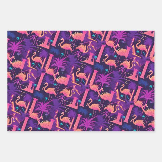 Neon Flamingo Palm Trees vaporwave esthetisch Inpakpapier Vel (Voorkant 3)