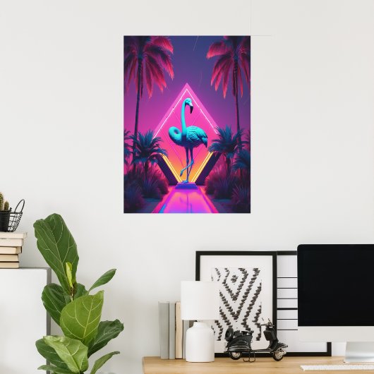 Neon Flamingo Palm Trees vaporwave esthetisch Poster (Thuiskantoor)