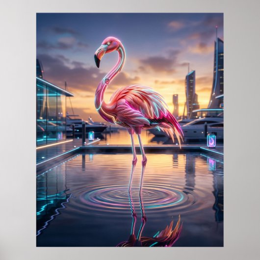 Neon Flamingo Zonsondergang Marina Poster (Voorkant)