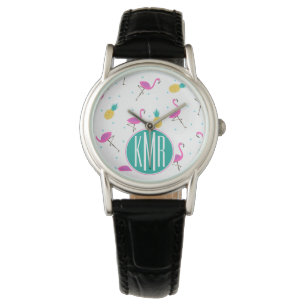 Neon Flamingos Monogram Horloge