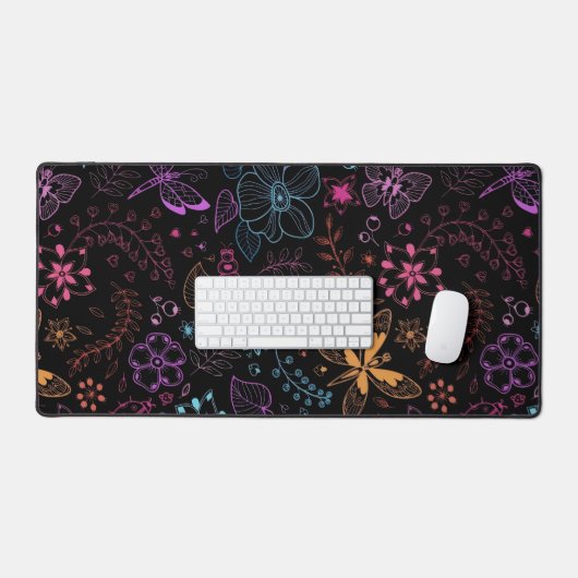 Neon Floral Butterfly Desk Mat (Keyboard & Muis)
