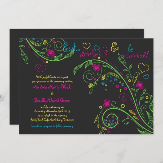 Neon Floral Chalkboard Doodle Wedding Uitnodiging (Voorkant / Achterkant)