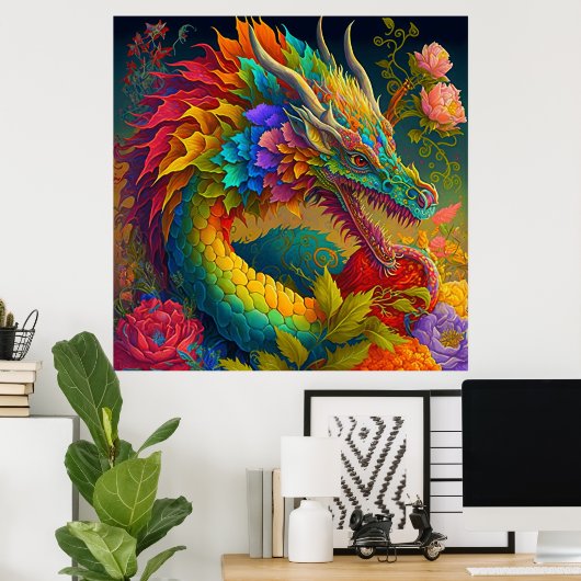 Neon Floral Dragon Poster (Thuiskantoor)