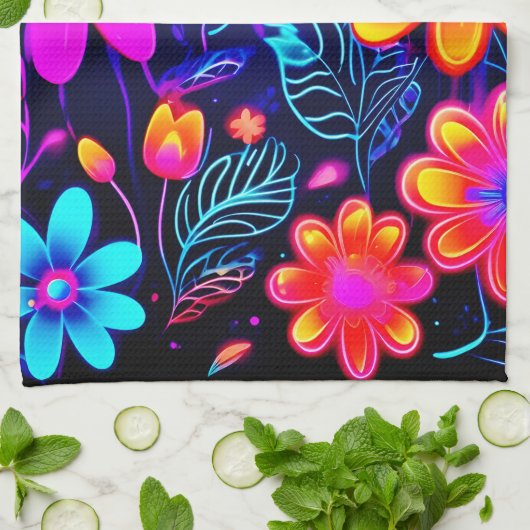 Neon Floral Fantasy Theedoek (Gevouwen)