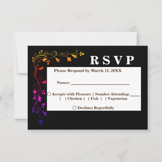 Neon Floral-lijnen op zwarte achtergrond RSVP-menu Kaart (Voorkant)