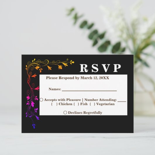 Neon Floral-lijnen op zwarte achtergrond RSVP-menu Kaart (Staand voorkant)