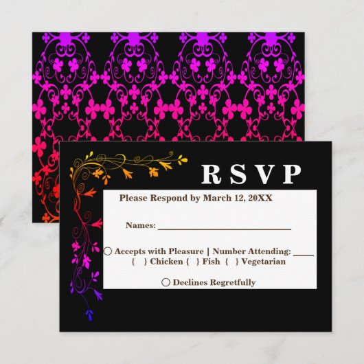Neon Floral-lijnen op zwarte achtergrond RSVP-menu Kaart (Voorkant / Achterkant)