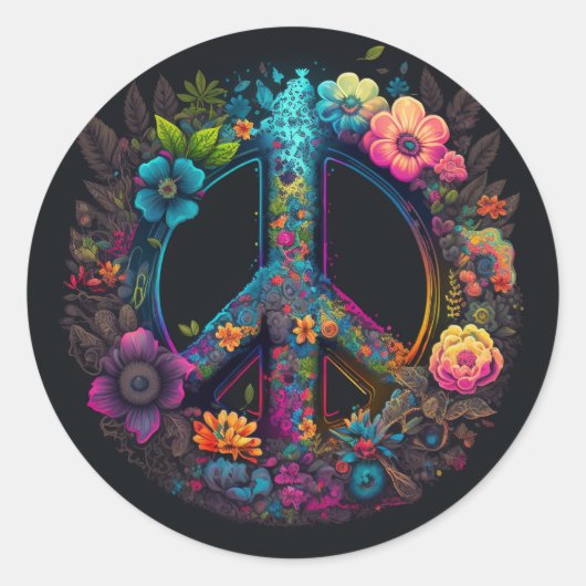 Neon Floral Peace Sign Ronde Sticker (Voorkant)