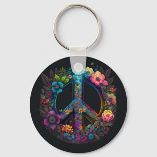Neon Floral Peace Sign Sleutelhanger