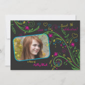 Neon Floral Photo Sweet 16 Birthday Invitation Kaart (Voorkant)