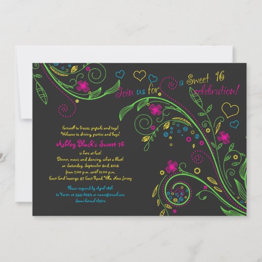 Neon Floral Photo Sweet 16 Birthday Invitation Kaart (Achterkant)