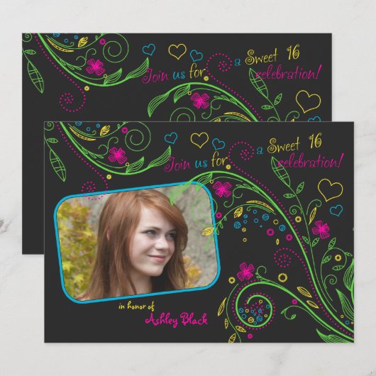 Neon Floral Photo Sweet 16 Birthday Invitation Kaart (Voorkant / Achterkant)