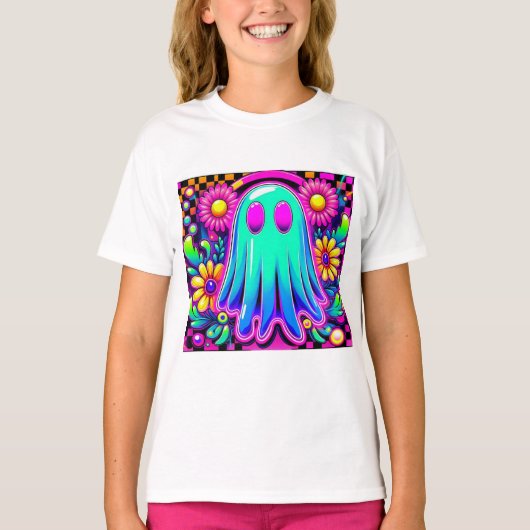 Neon Floral Retro Ghost Halloween T-shirt (Voorkant)
