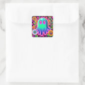 Neon Floral Retro Ghost Halloween Vierkante Sticker (Tas)